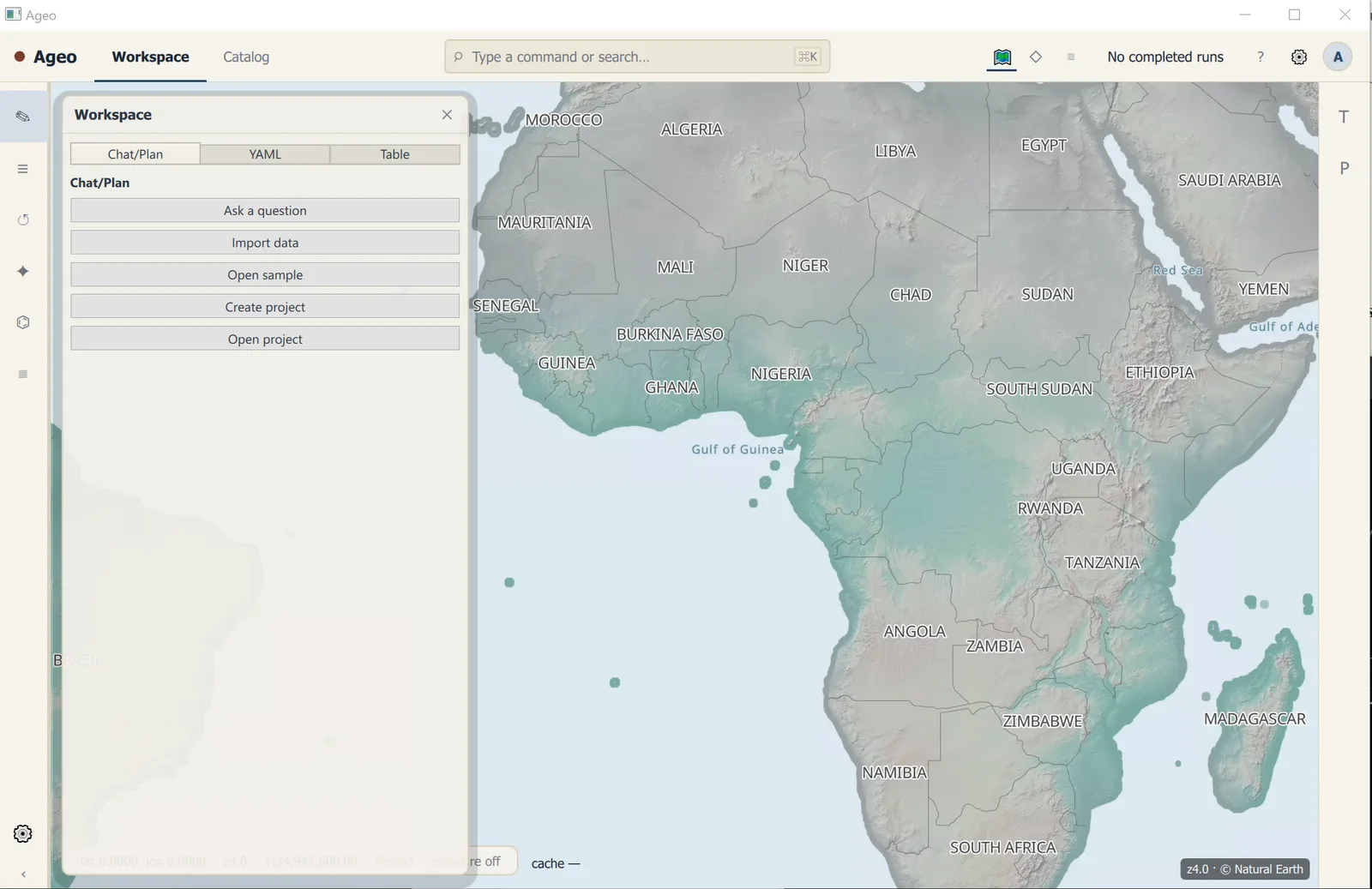 The ageomaps desktop GIS showing a Natural Earth basemap of Africa, the workspace panel with options to ask a question, import data, open a sample, or create a project, and a command search bar.